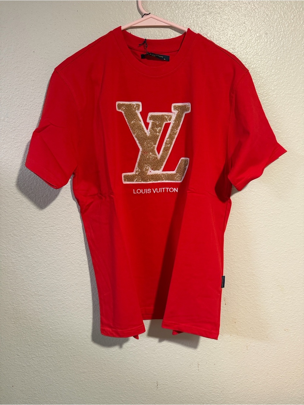 Louis Vuitton Red Tee with Gold LV Patch